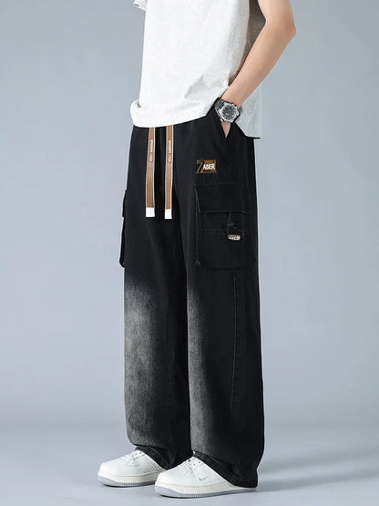 Summer Men's Straight Jeans Multi-Pockets Wide Leg Denim Cargo Pants 8XL 7XL 6XL Big Size Lightweight Baggy Jeans Trousers
