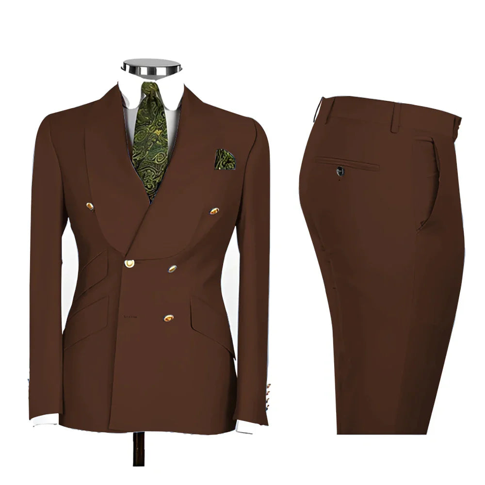 Lvory Shawl Lapel 2 Piece Suit Double Breasted Men's Jacket Pants with Gold Buttons Formal Wedding Groom Attire Prom Tuxedos