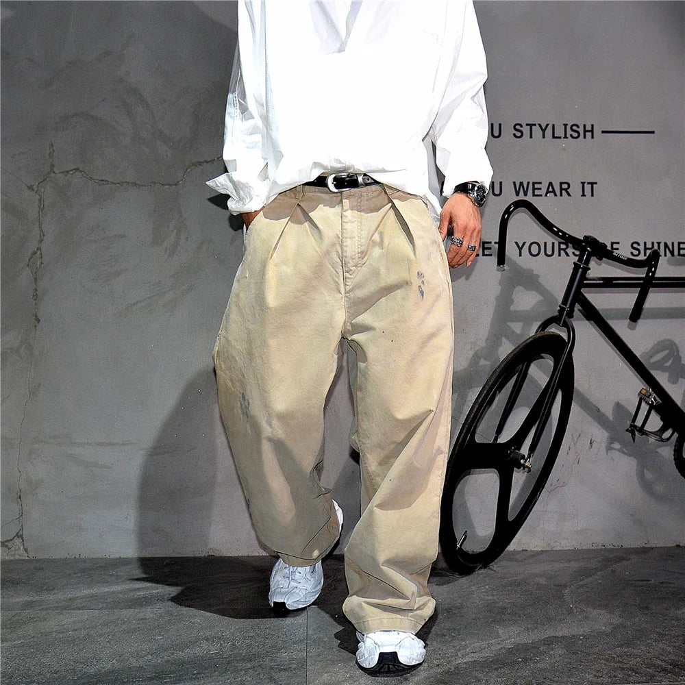 ‌Japanese Premium Vintage Distressed Paint Splash Cargo Pants Men Streetwear Loose Casual Straight Leg Haram Trousers Trendy