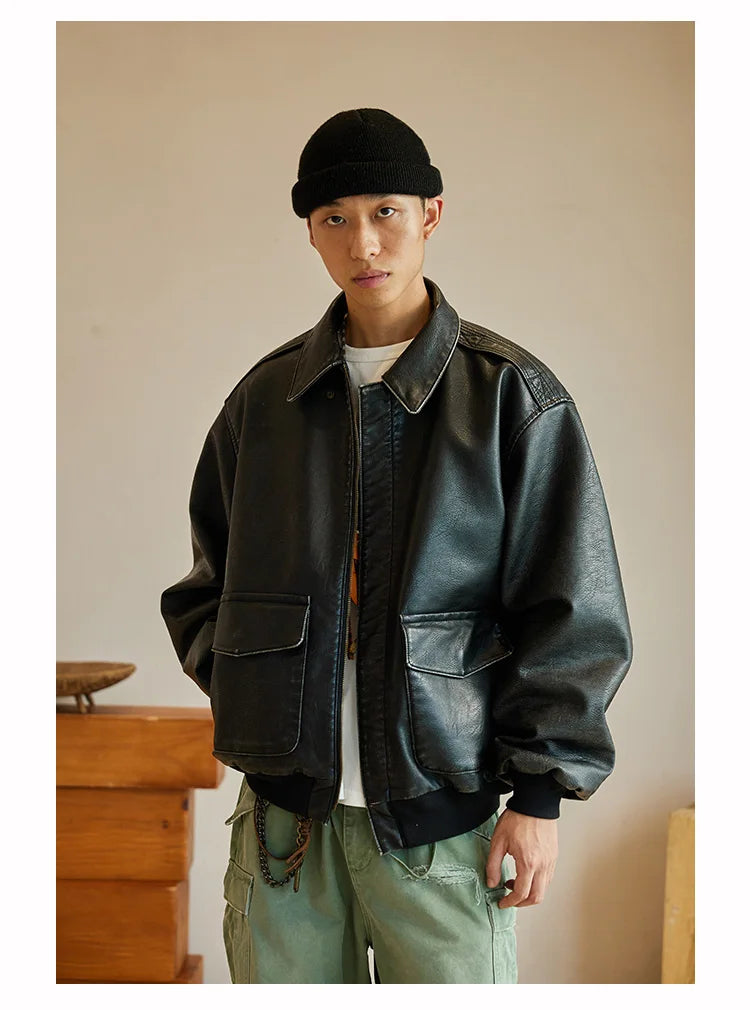 Spring Cool Handsome Oversized Vintage Distressed Black Pu Leather Jacket Men Pockets Luxury Designer Clothes 2024