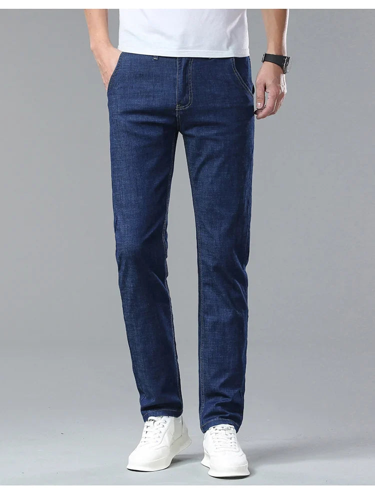 Light Blue Classic Business Casual Cotton Pants Fashion Breathable Denim Elastic Trousers Brand Men's Clothing Straight Jeans