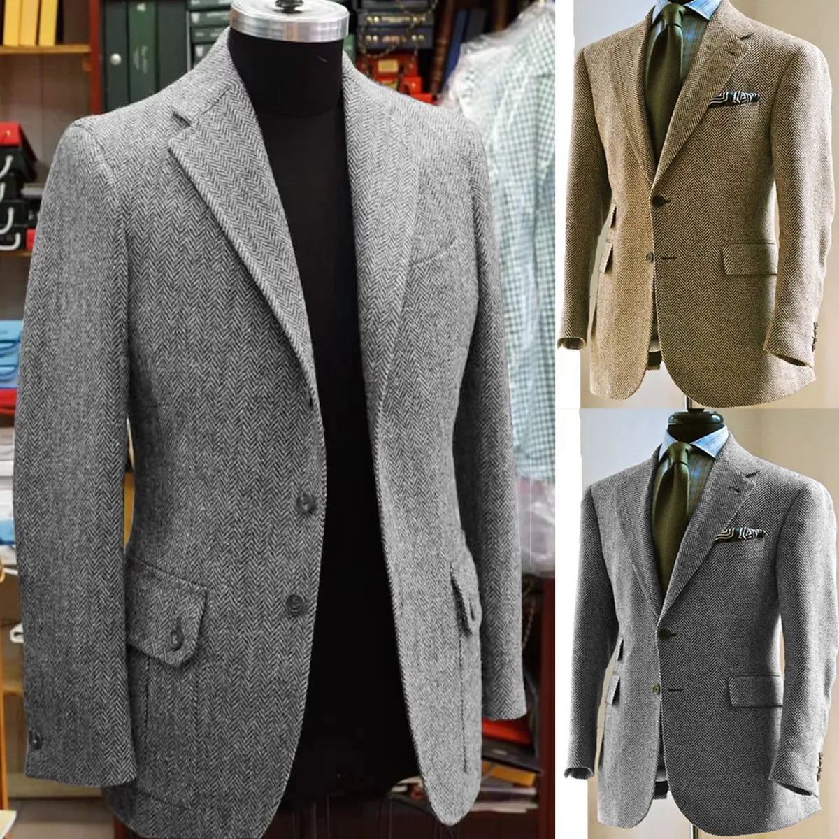 Men's Herringbone Blazer Suit Collar Slim Jacket Casual Fashion Jacket 3 Pocket Workwear Men's Summer Suits Formal Man Jackets