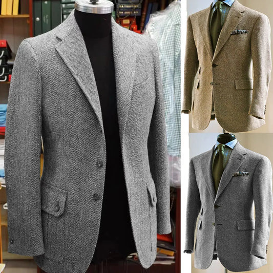 Men's Herringbone Blazer Suit Collar Slim Jacket Casual Fashion Jacket 3 Pocket Workwear Men's Summer Suits Formal Man Jackets
