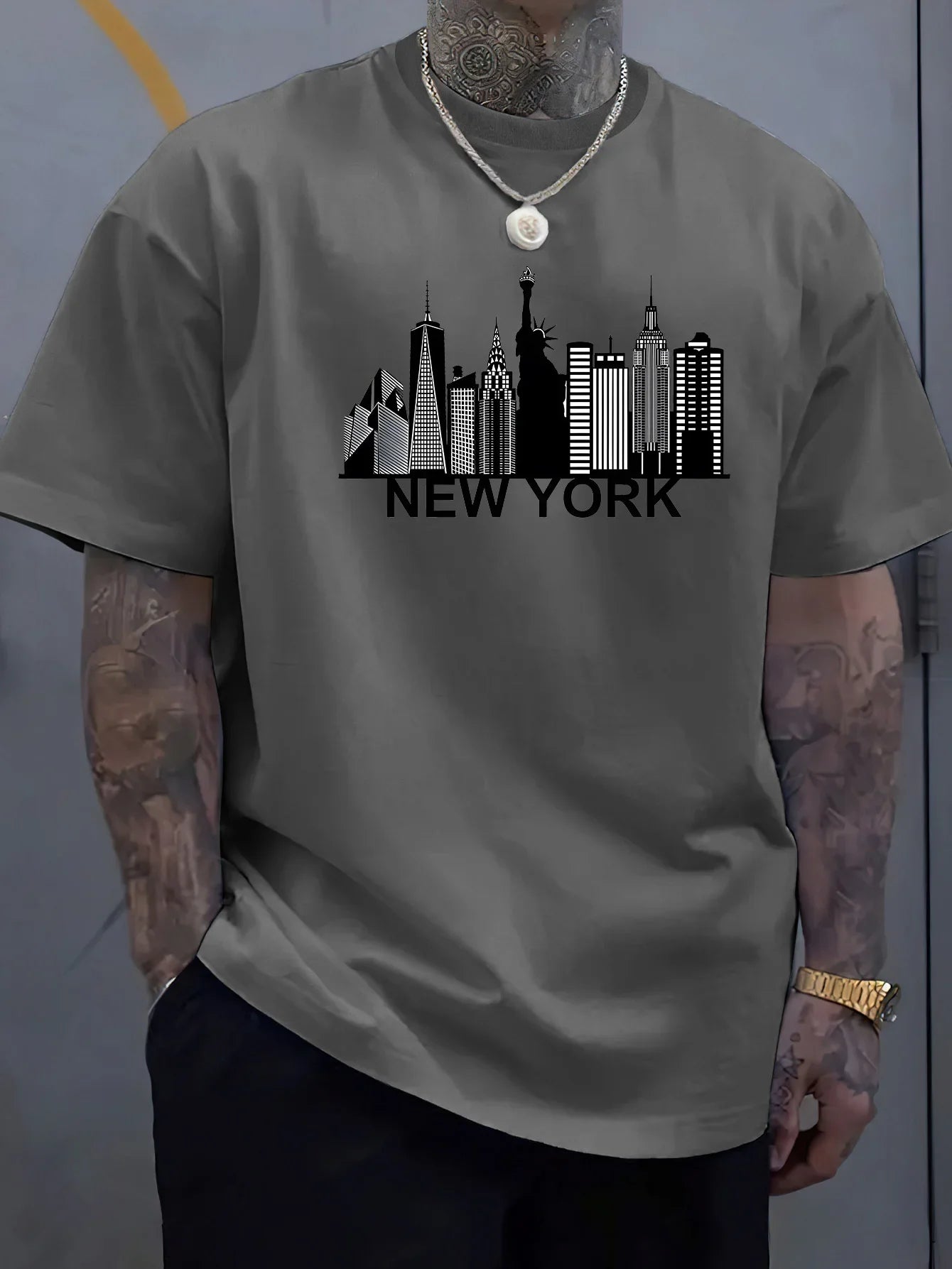 100% pure cotton men's New York city pattern printed fashionable casual loose sports round neck short sleeved T-shirt top