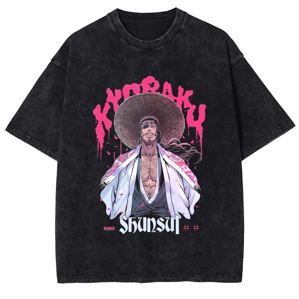 Japan Classic Anime BLEACH Zaraki Kenpachi Print T-shirt Men WomenCasual Tees Vintage Style Cotton Clothing Harajuku Washed Tops