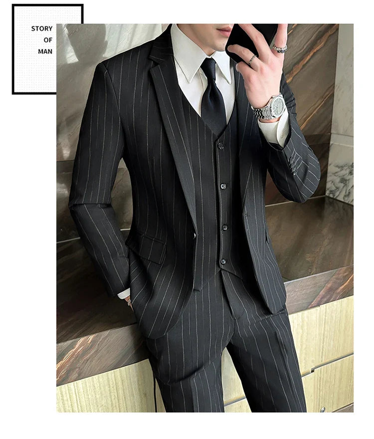 2025 High-Quality Wedding Suit Three-Piece Set Striped Business Casual Fashion Vest Trousers Ensemble Handsome Boutique Trend