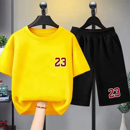 Kids T-shirt Basketball No. 23 Summer Round-Necked Print Boy Girls 3-12Years Top+Shorts Two-piece Set Simple Casual Handsome Set