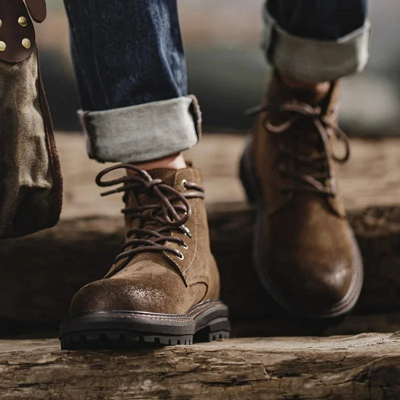 Maden Retro Fleece-lined Split Suede Boots High-Top Work Boots Lace-Up Desert Ankle Rugged Sole Boots Outdoor Winter Fall Shoes