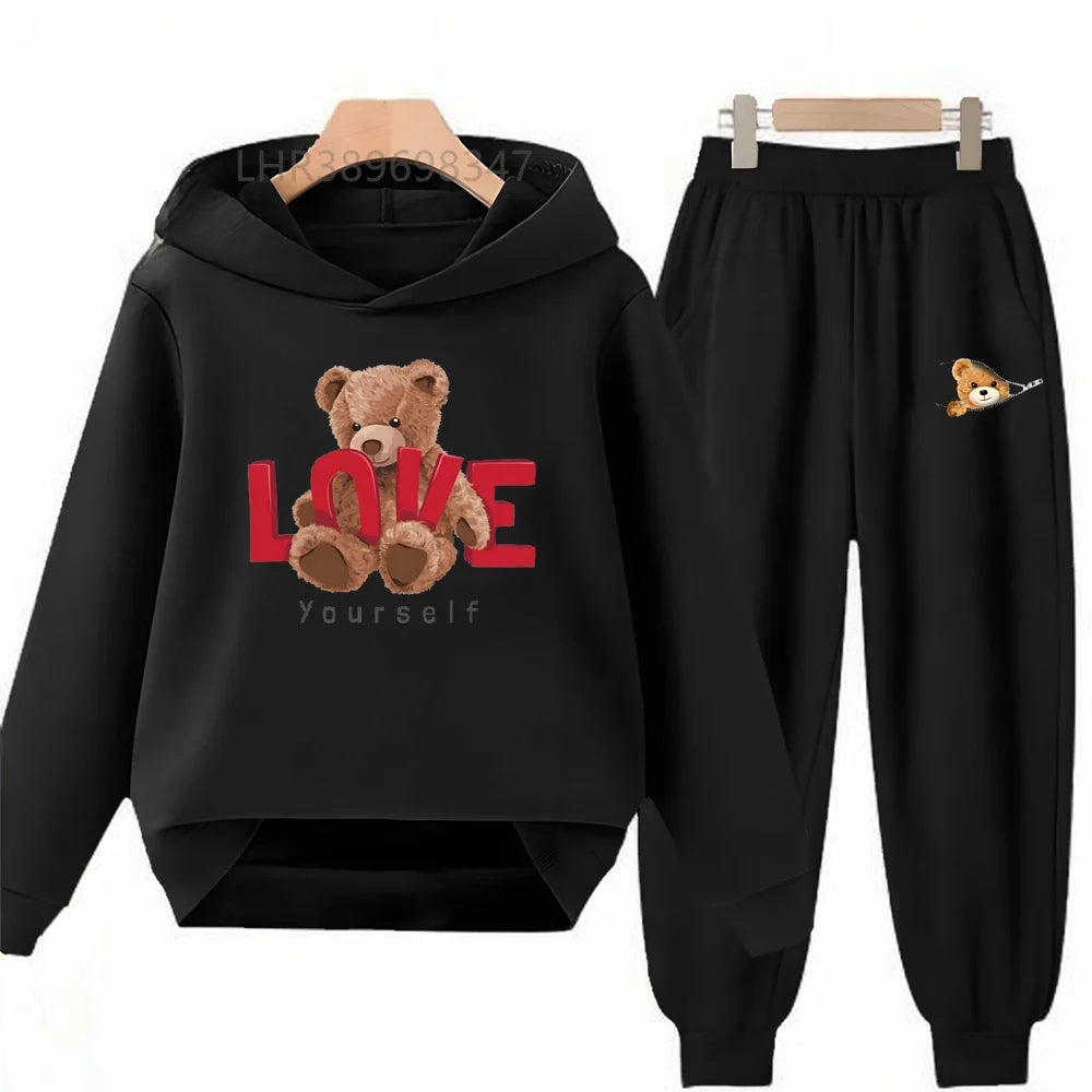 Little Bear Children's Hoodies Top+Bottom Girls Pink Boy Black Age 3-12 Coat Casual Toddler Long Sleeves Suit Print Clothing