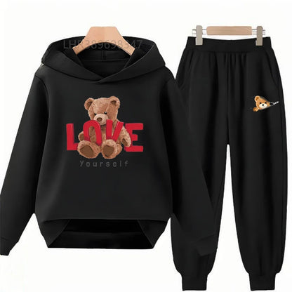 Little Bear Children's Hoodies Top+Bottom Girls Pink Boy Black Age 3-12 Coat Casual Toddler Long Sleeves Suit Print Clothing