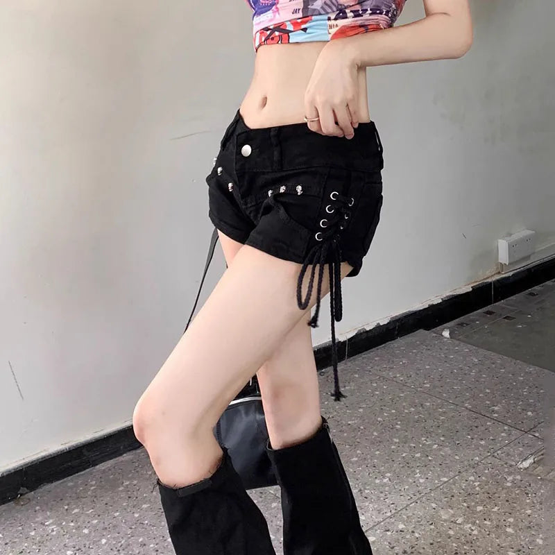 Black Gothic Punk Denim Shorts for Women Creativity Lace-Up Popular Y2K Cowboy Short Pants Lady Sexy Skinny Elastic Jean Shorts
