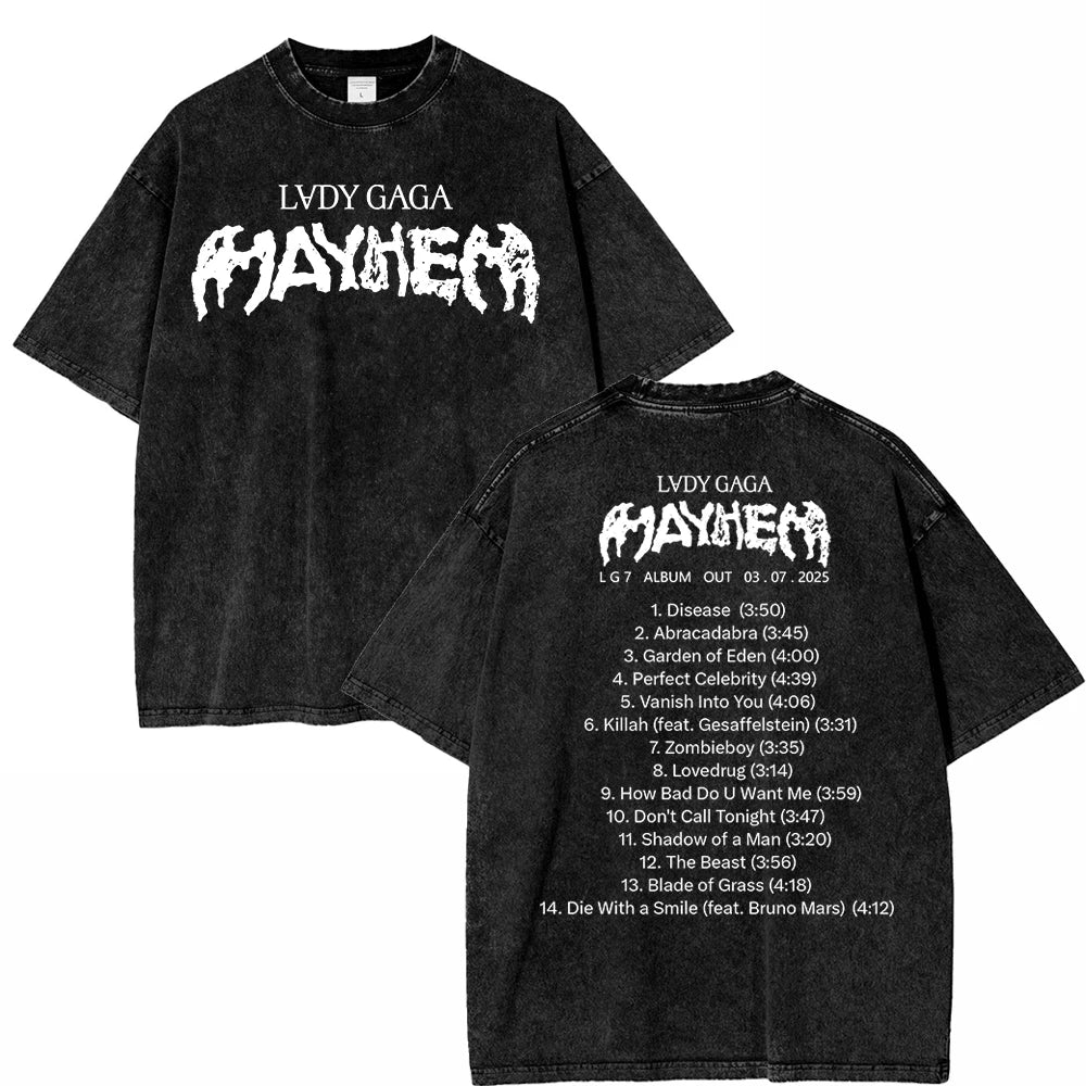 Vintage Washed Lady Gaga The Mayhem Ball Tour 2025 T Shirt Fashion Men/Women Aesthetic High Quality Acid Wash 100% Cotton Tees