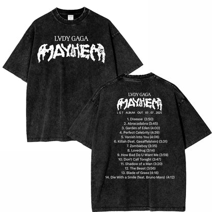 Vintage Washed Lady Gaga The Mayhem Ball Tour 2025 T Shirt Fashion Men/Women Aesthetic High Quality Acid Wash 100% Cotton Tees