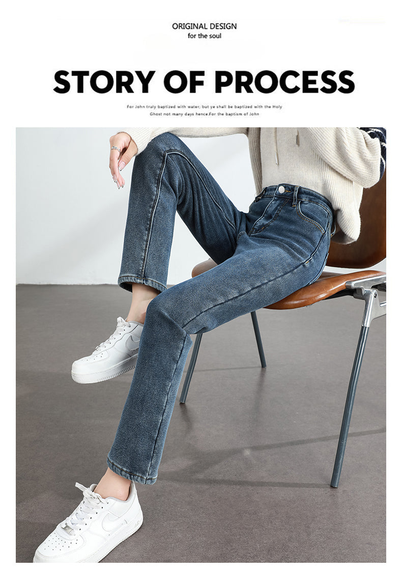 Women's Winter Fleece Warm Jeans Retro Slim Straight Elastic Cotton Thickened Warm Denim Pants Fashion Female Clothing