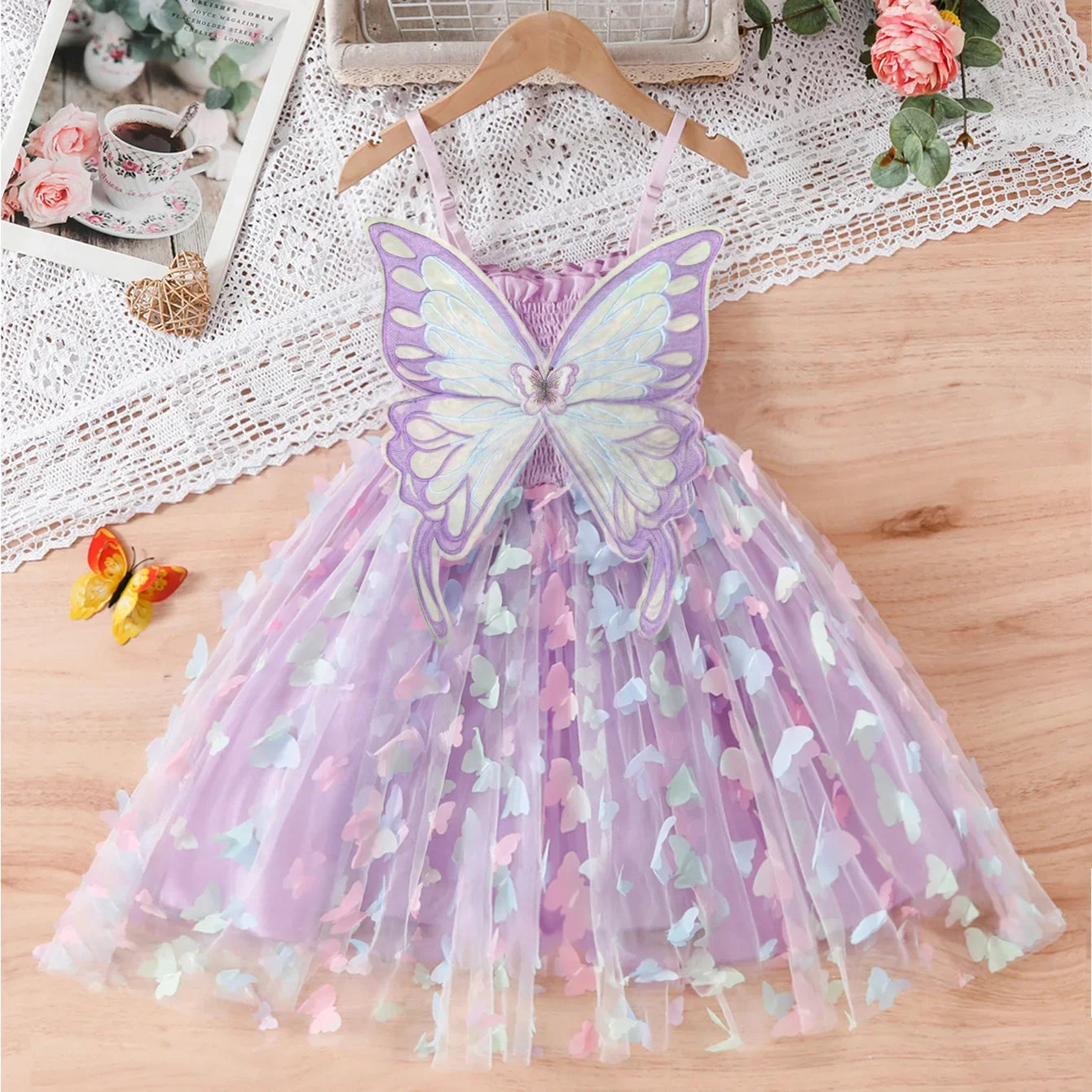 2024 Girls Purple Butterfly Dress Summer Children Colorful Mesh Dress Baby Sling Wings Princess Dress for Birthday 3-8T