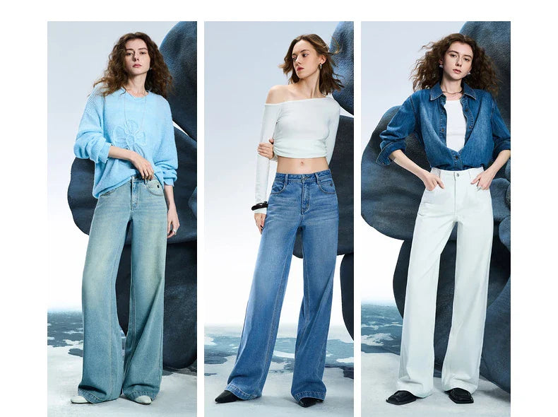 Women Denim Jeans 2025 Spring New Acetate Wide Leg Mid Low Waist Slim Fit Straight Wide Leg Pants