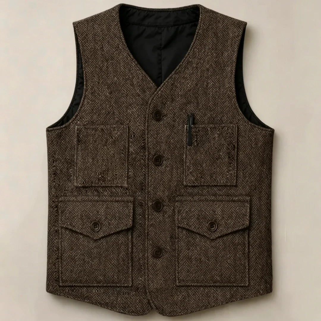 Men Vest Brown Herringbone Single Button With Pocket Waistcoat For Wedding Party Business Work Office Daily Casual Men Suit Vest