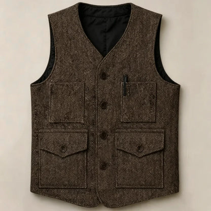 Men Vest Brown Herringbone Single Button With Pocket Waistcoat For Wedding Party Business Work Office Daily Casual Men Suit Vest