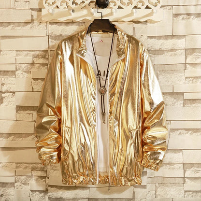 Mens Windbreaker Jackets Nightclub Stage Party Jackets Costume Streetwear Harajuku Hip Hop Reflective Jacket Gold Fashion Coats