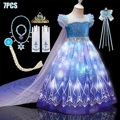 Kids Copslay Elsa LED Light Up Costume Girls Birthday Party Role Playing Princess Dress with Cape Fancy Carnival Halloween Dress