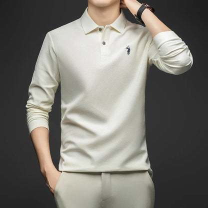 100% Pure Cotton Men's Long Sleeved Polo Shirt, Collar T-shirt, Spring and Autumn Top, No Ironing, Wrinkle Resistant Embroidery