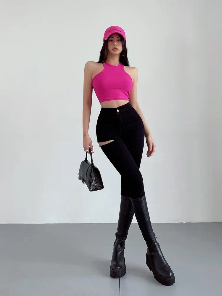 American Spicy Girls Sexy Hole Jeans Slim High Waist Elastic Feet Pencil Pants Trousers Fashion Women BOF8