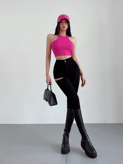American Spicy Girls Sexy Hole Jeans Slim High Waist Elastic Feet Pencil Pants Trousers Fashion Women BOF8