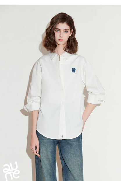 Women Blouse Shirt 2025 Spring New Flower Embroidered Turn Down Collar Pure Cotton White Casual Shirt