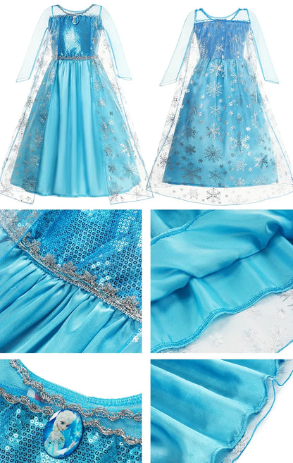 Elsa Dress for Girls Elsa Mesh Long Dress Costume Children Kids Carnival Snow Queen Cosplay Dress Purim Birthday Party Ball Gown