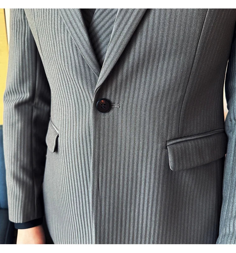 Luxury Stripe Men Suit Korean Version Fashion Elegant Slim Fit Tuxedo Formal Groom Wedding Social Suits