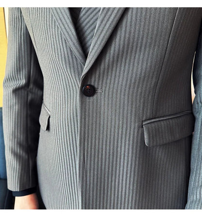 Luxury Stripe Men Suit Korean Version Fashion Elegant Slim Fit Tuxedo Formal Groom Wedding Social Suits
