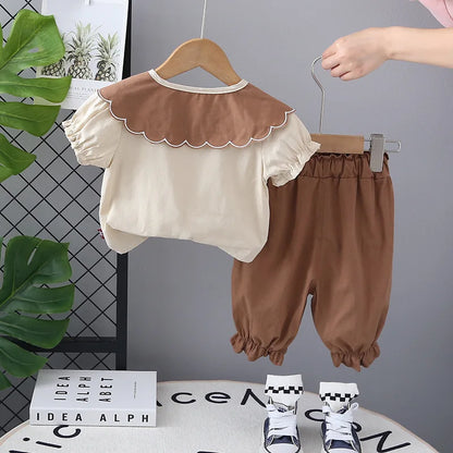 New Toddler Summer Baby Girls Clothes Suits Children Big Wave Lapel Shirt +Flower Cropped Pants 2Pcs/Set Infant Fashion Clothing