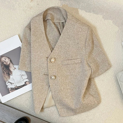 Light Coffee Short Sleeve Small Suit Jacket Female Thin 2025 Summer New Temperament Ladies Short Jacket Casual Women Blazer Tops