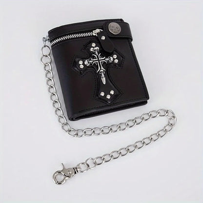 Sac à Main Rétro Punk Homme Nouveau 2025 Crâne Croix Portefeuille Pochette Chaîne Rivets Porte-cartes Vintage Rocker Multi-fonctions Mini Portefeuille