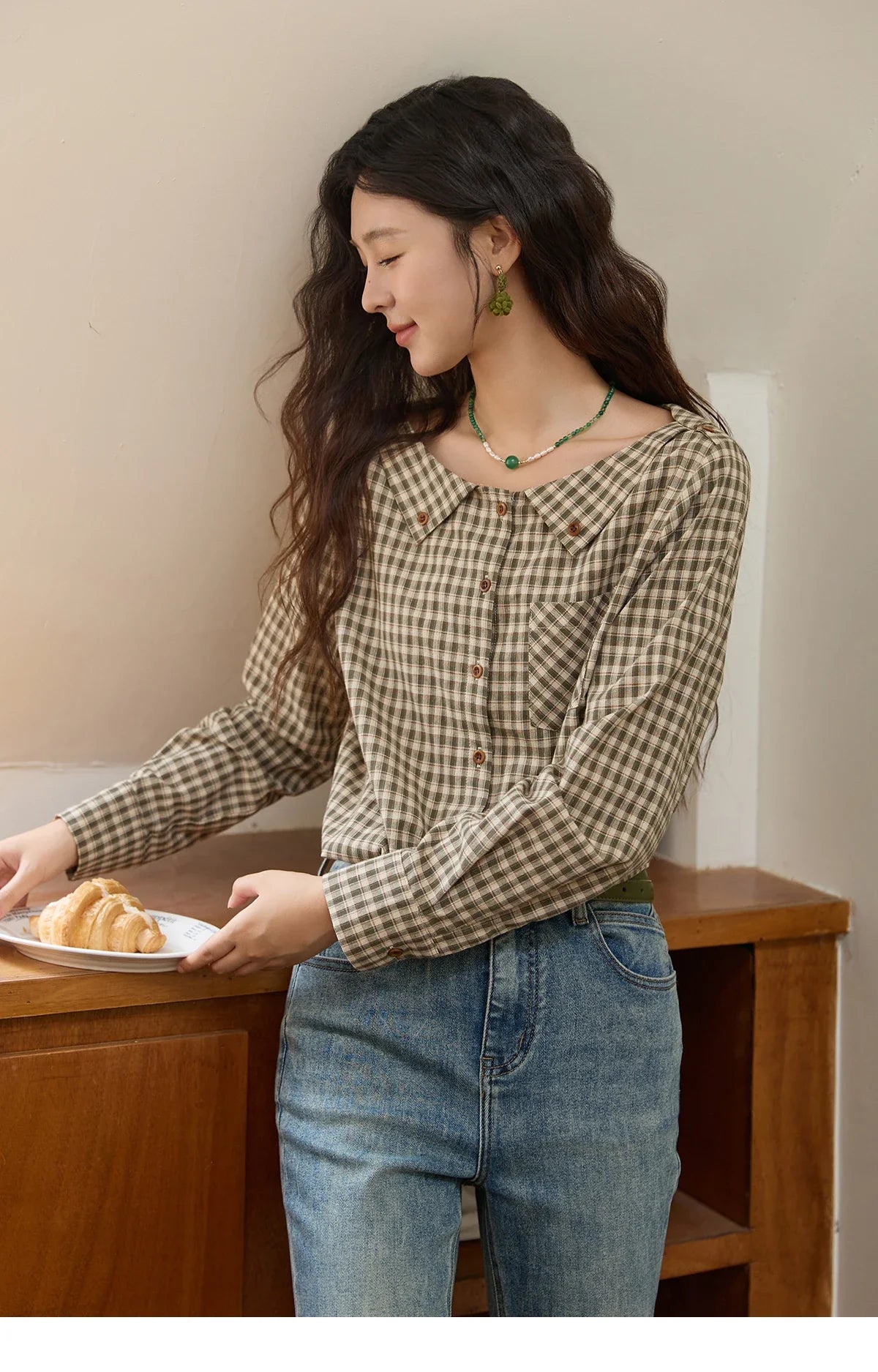 Women's Casual Shirts Cotton Autumn Side Slit Pockets Plaid Shirts Commute  Elegant Chic Woman Top with Belt MXE44X2469