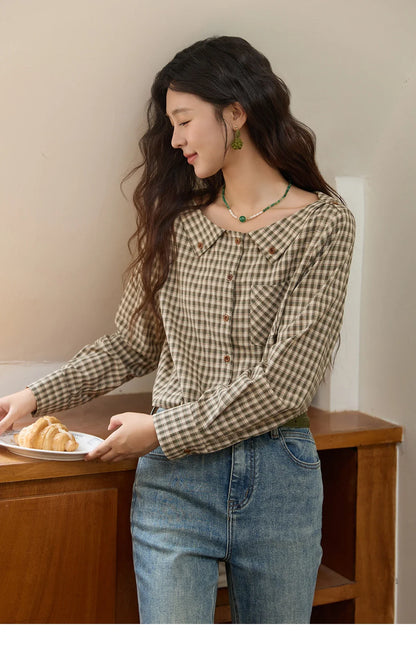 Women's Casual Shirts Cotton Autumn Side Slit Pockets Plaid Shirts Commute  Elegant Chic Woman Top with Belt MXE44X2469