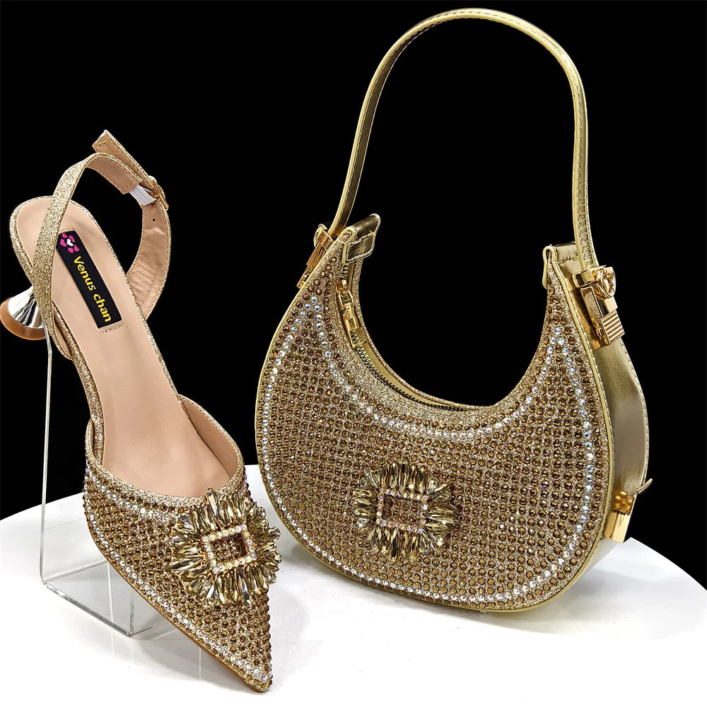 2025 Nigerian Women's Party Shoes and Bags Medium Heel Pointed Toe Elegant Party Footwear With Matching Color Handbag for Women