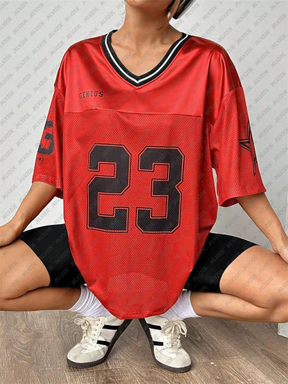 Number 23 TShirt For Men Women Summer Oversized V-neck Black Tee Harajuku Trend Short Sleeve Unisex Streetwear Couple Top