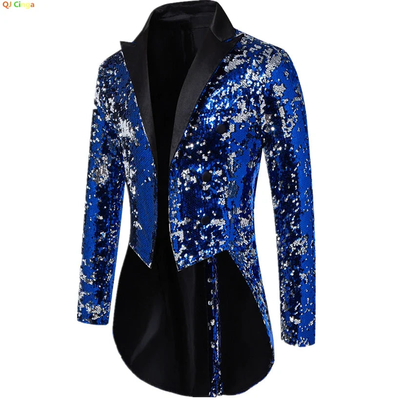2026 Men's Blue Metallic Shiny Sequins Tuxedo, Performance,Party Dress Coat, Fashion Long Cardigan Suit Jacket,Red, Gold Blazers