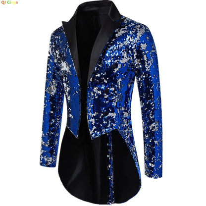 2026 Men's Blue Metallic Shiny Sequins Tuxedo, Performance,Party Dress Coat, Fashion Long Cardigan Suit Jacket,Red, Gold Blazers