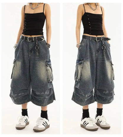 High Waist  Retro Blue Washed Denim Shorts Women's Harajuku Vintage Fashion Casual Loose Y2K Streetwear Wide Leg Cropped Pants