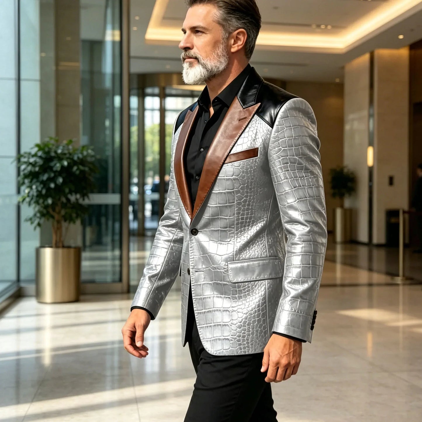 Men's Crocodile Embossed Leather Blazer Luxury Patchwork PU Leather Suit Jacket Slim Fit Peaked Lapel Casual Business Outerwear