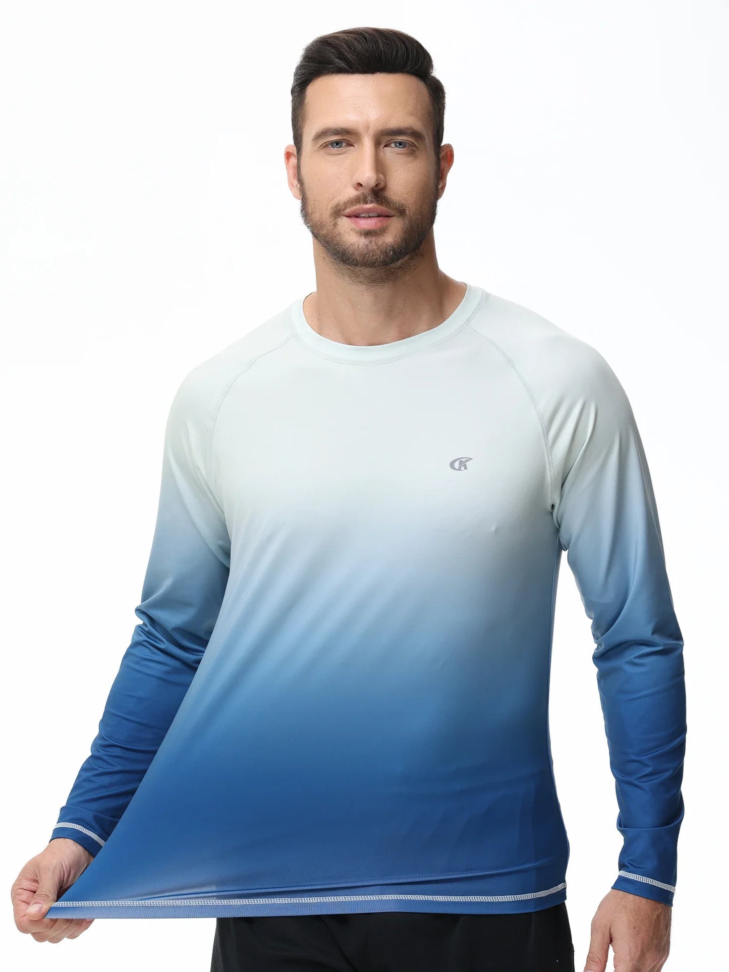 Summer Men's UPF 50+ Beach Swimming T-Shirt, Quick Dry Long Sleeve Fashion Gradient Rash Guard Tops for Sport Fishing Hiking