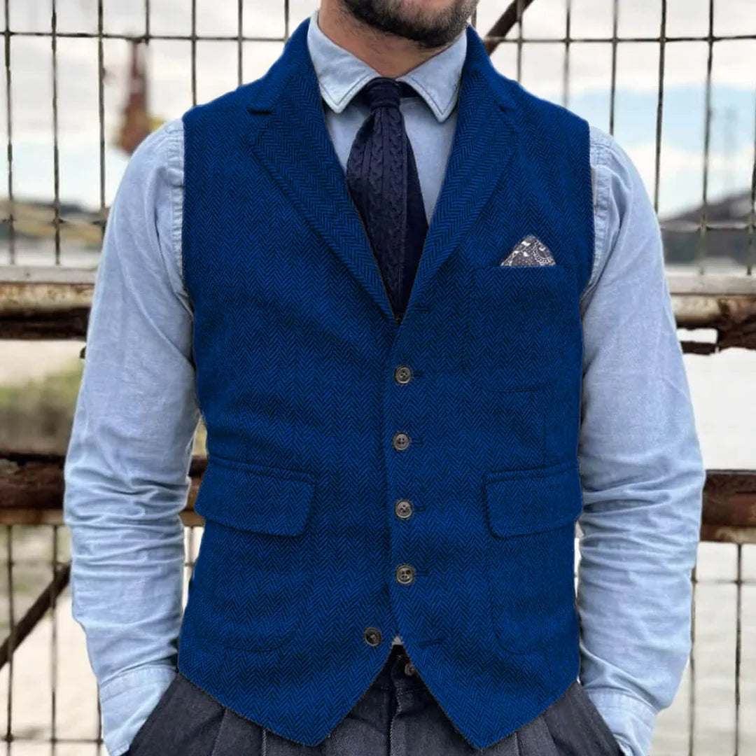 Men Vest Khaki Herringbone Single Button With Lapel Waistcoat For Banquet Party Business Office Work Casual Daily Men Suit Vest