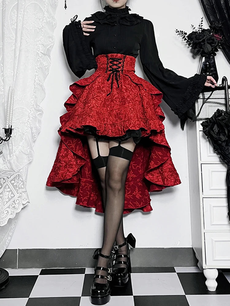 Fairycore Grunge Lolita Skirt Women Dark Gothic Christmas High Waist Bandage Corset Skirt Aesthetic Streetwear Partywear