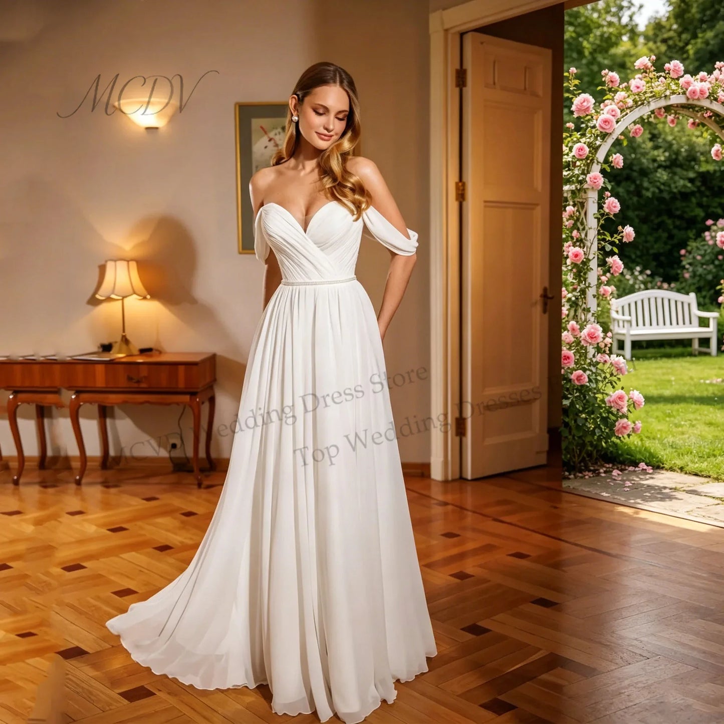 Chiffon Classic Wedding Dresses Off Shoulder Sweetheart A-Line Bridal Gown with Rhinestone Belt vestidos de novia Customized