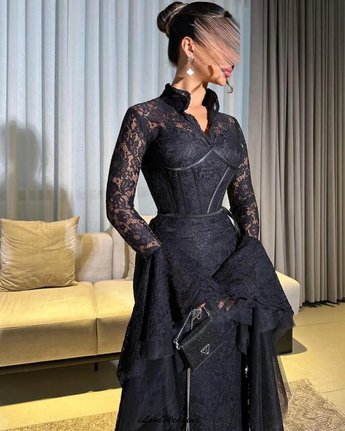 Customized Black Long Sleeve Lace Evening Dresses 2025 High Neck Elegant Women Party Dress Mermaid Floor Length Formal Gowns