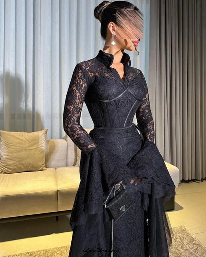 Customized Black Long Sleeve Lace Evening Dresses 2025 High Neck Elegant Women Party Dress Mermaid Floor Length Formal Gowns