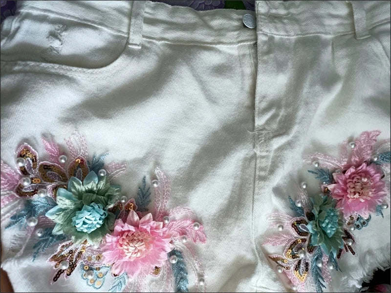 Korean Fashion Women Summer Denim Shorts Heavy Industry Nail Bead Studded Diamond New Flower Ripped Jeans Shorts