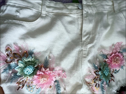 Korean Fashion Women Summer Denim Shorts Heavy Industry Nail Bead Studded Diamond New Flower Ripped Jeans Shorts